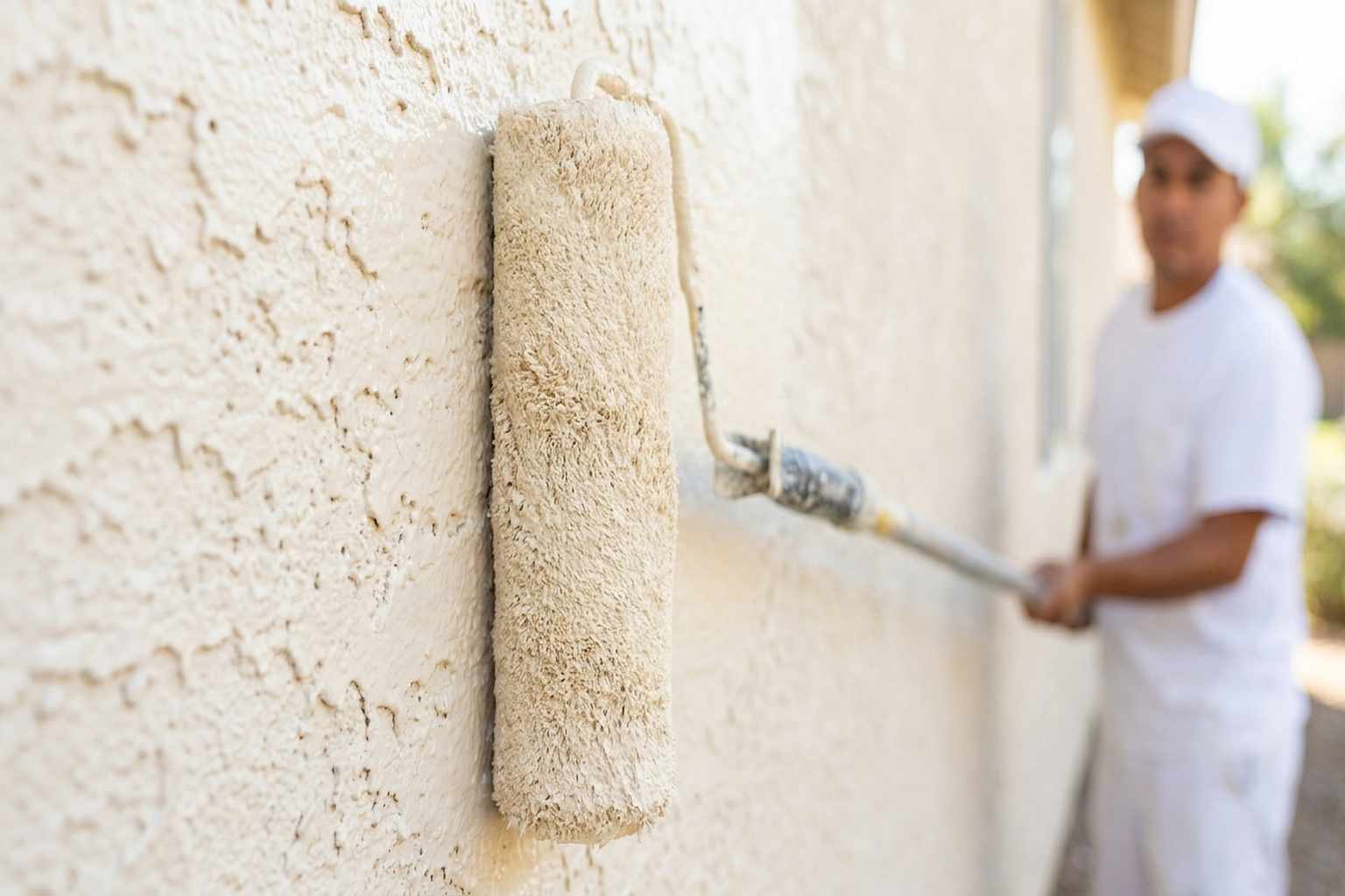 Professional exterior painting being applied to a Florida stucco home with paint roller and proper technique