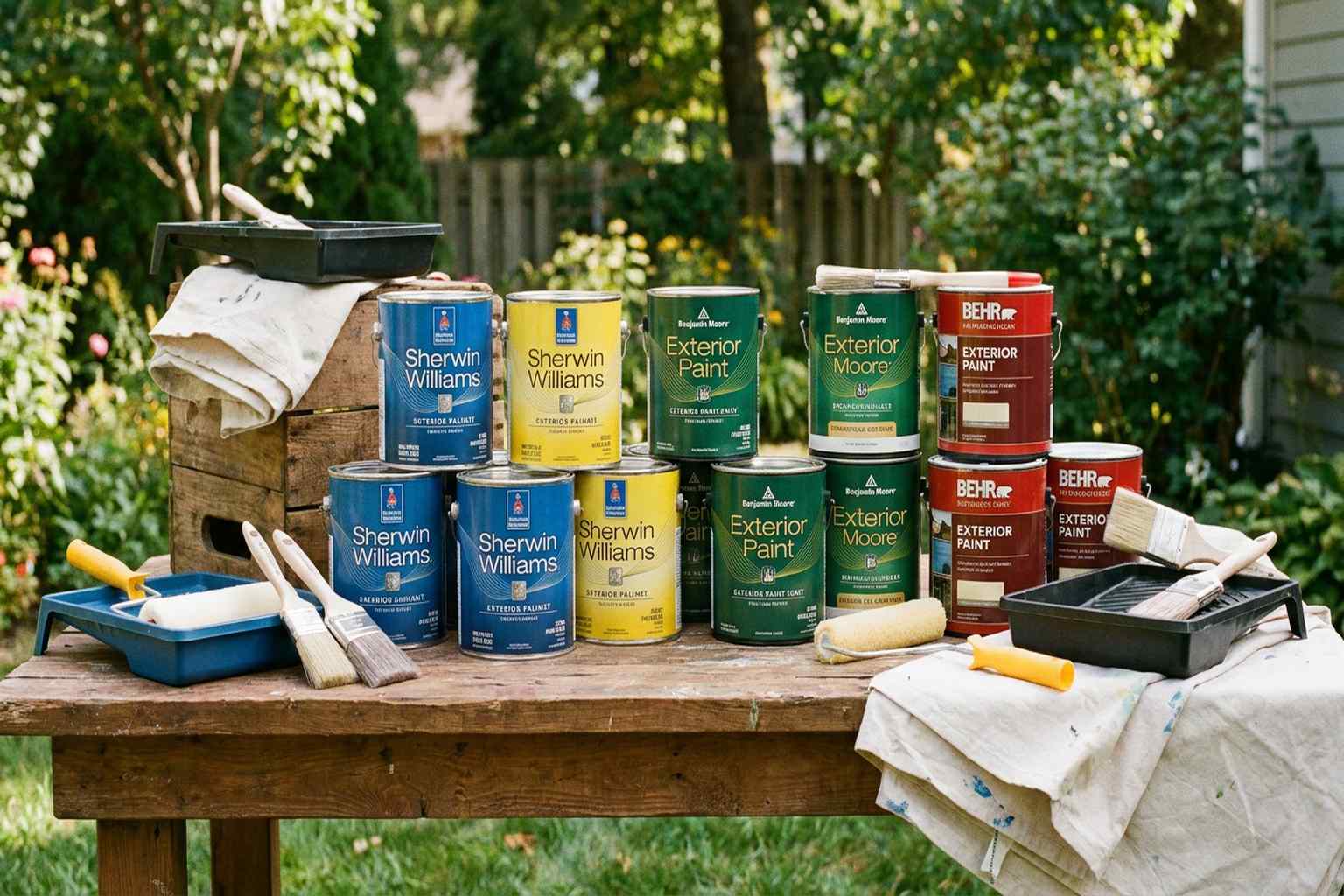 Top exterior paint brands for Florida homes including Sherwin-Williams Benjamin Moore and Behr paint cans