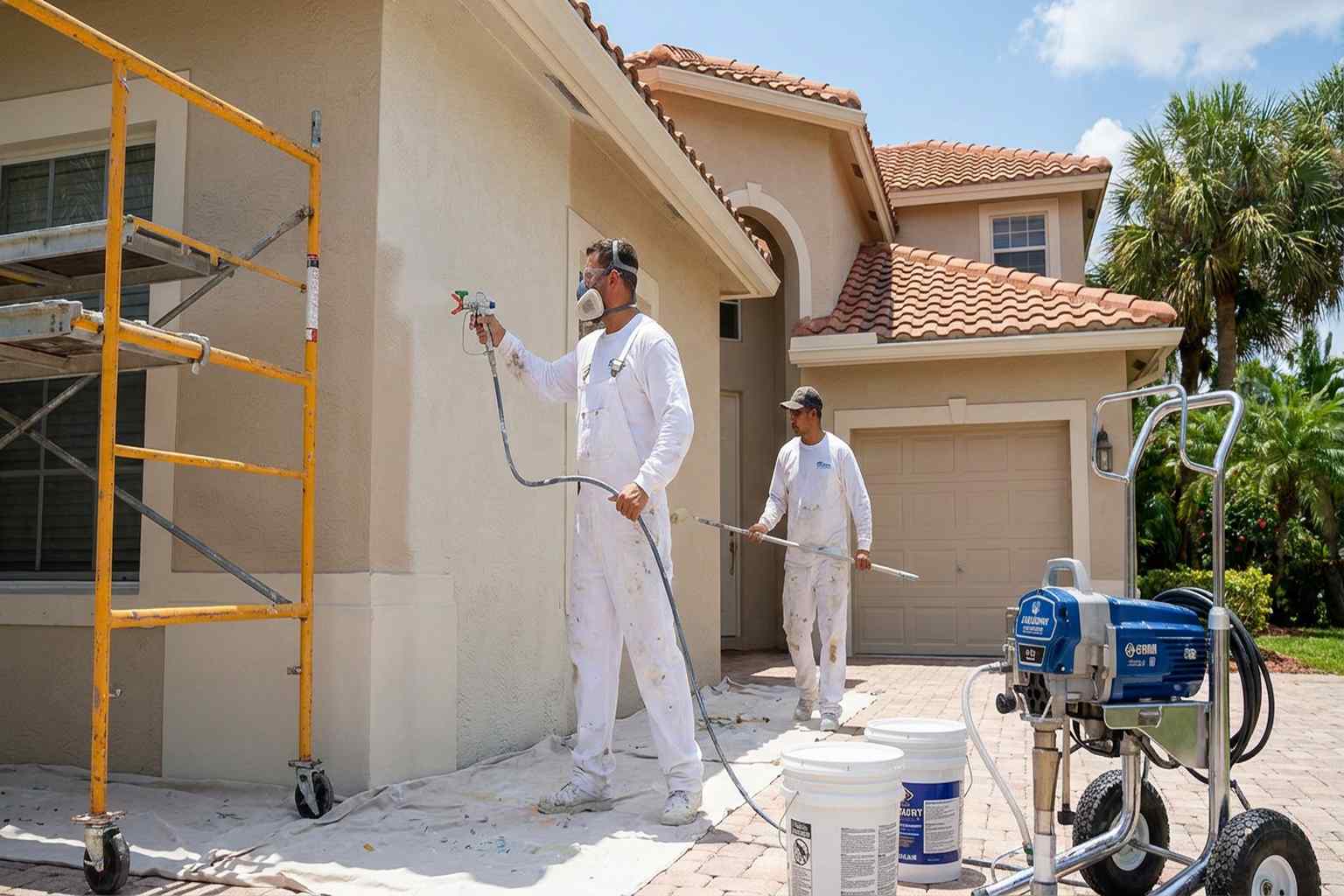 Professional painter applying exterior paint to a Florida home using sprayer with back-rolling technique