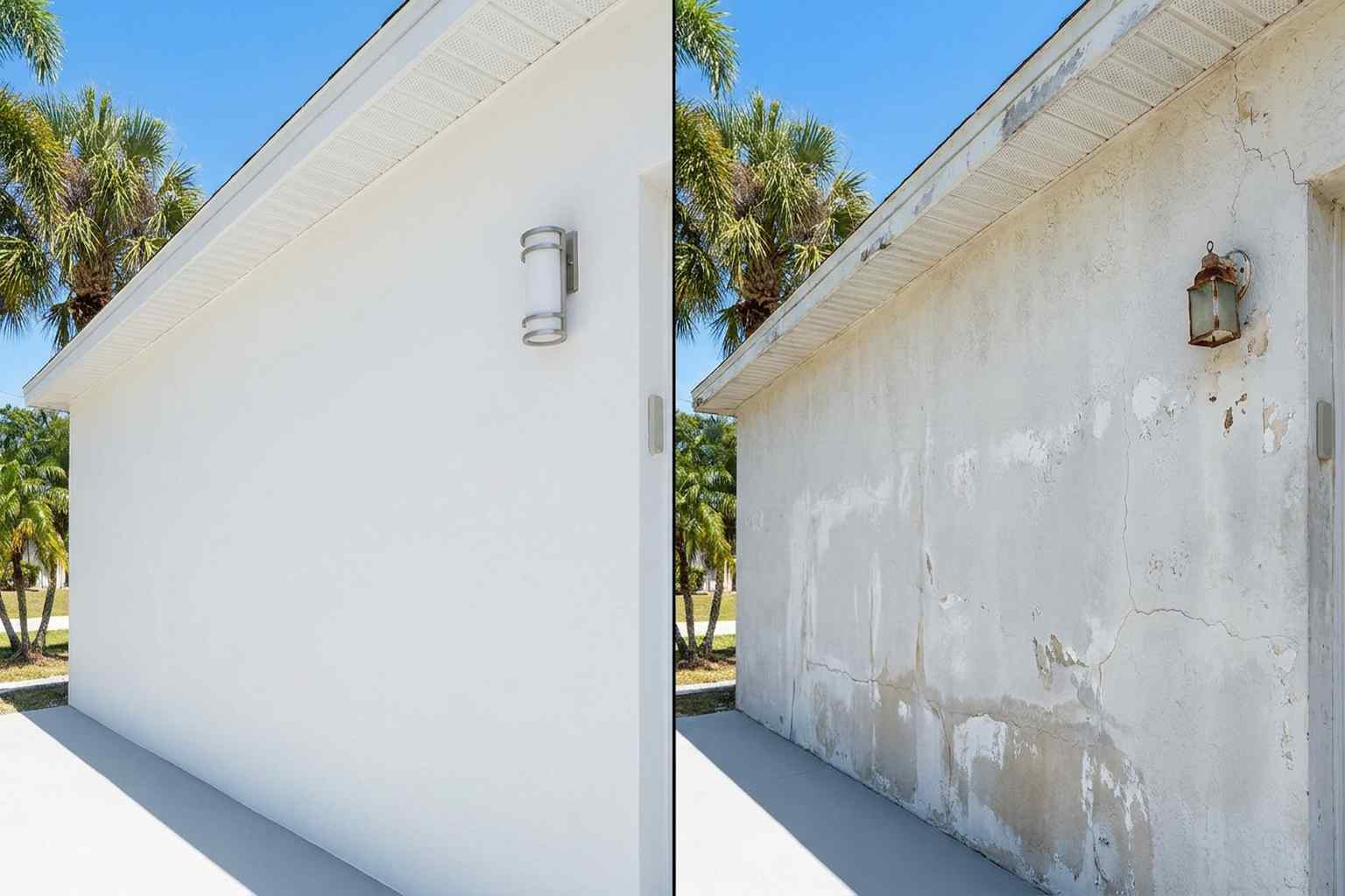 Side by side comparison of freshly painted Florida home exterior versus faded chalky paint surface