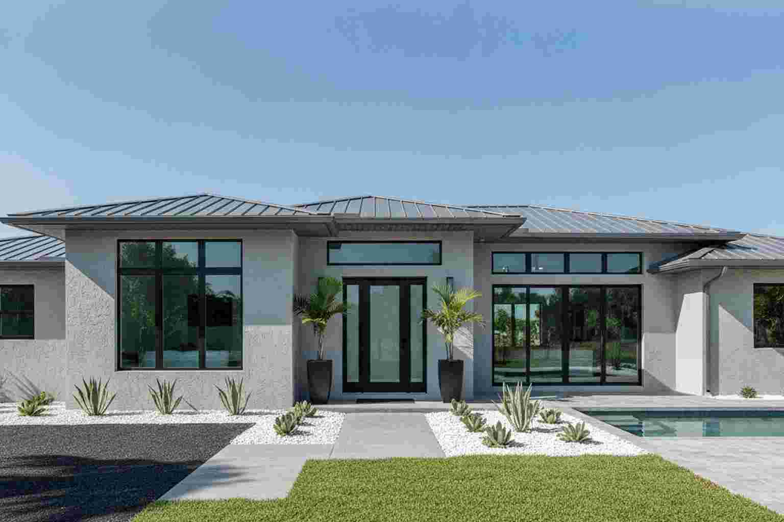 Modern Florida ranch home with light gray exterior paint