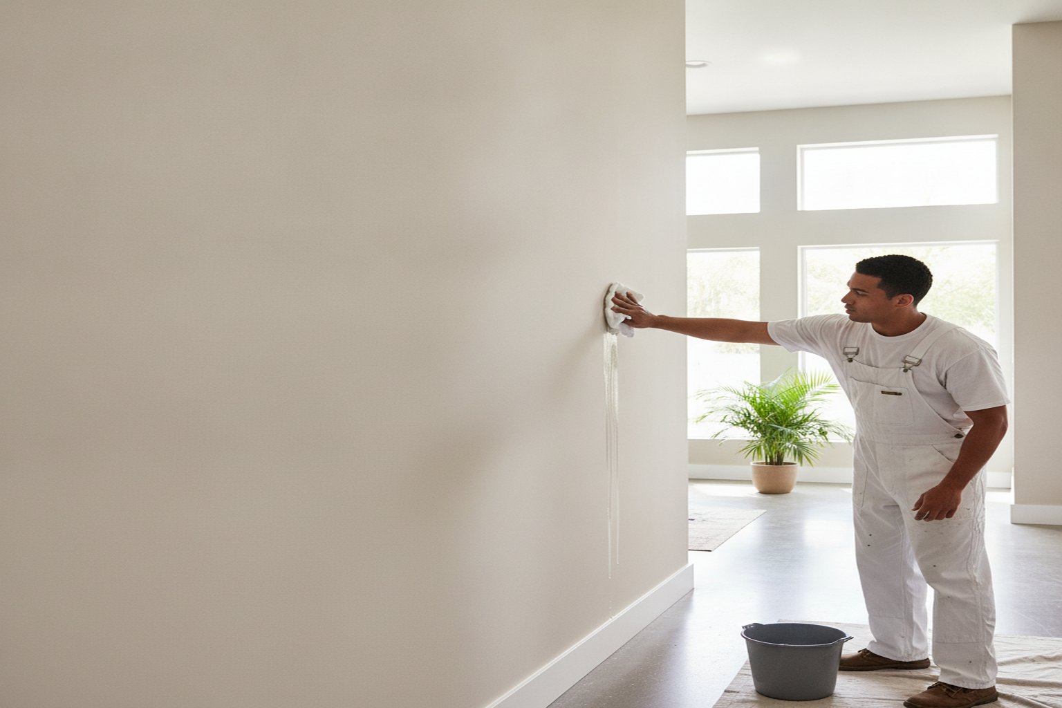 Cleaning an eggshell paint wall with a damp cloth showing easy stain removal