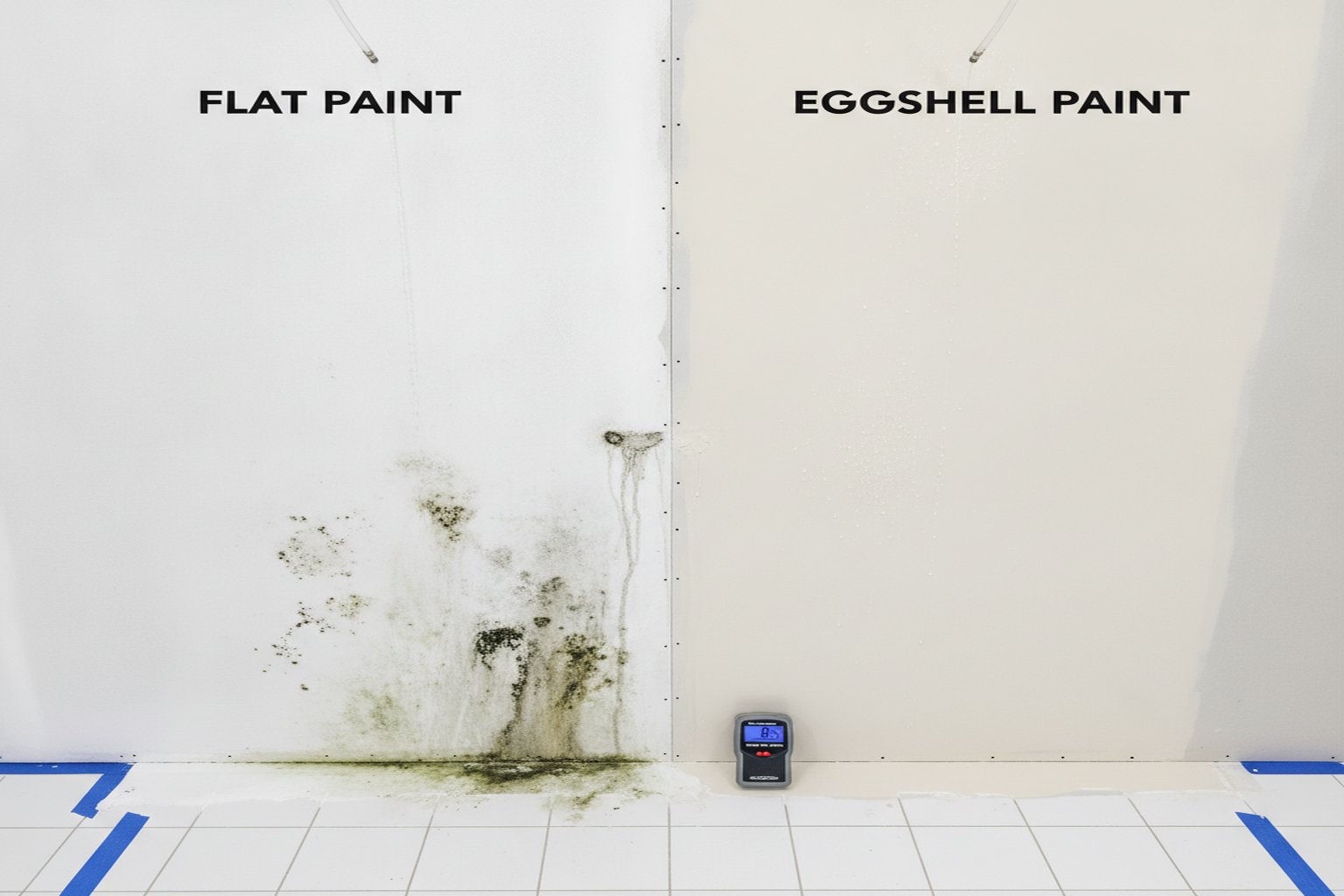 Comparison showing flat paint with moisture damage vs clean eggshell paint wall