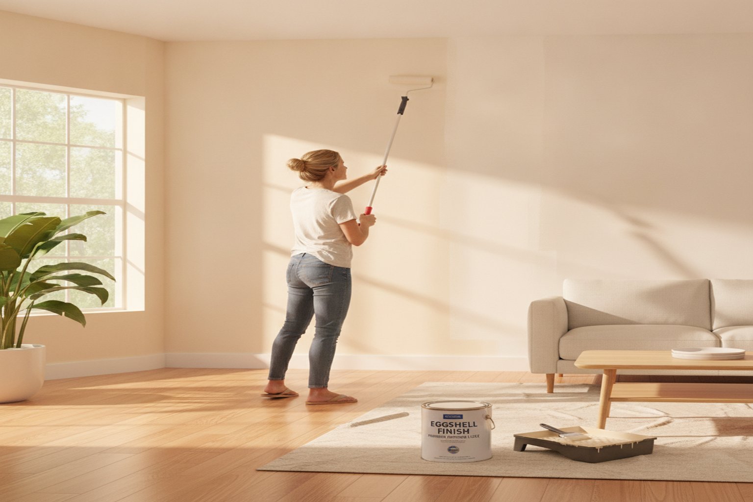 Professional painter applying eggshell finish paint to a living room wall in a Florida home