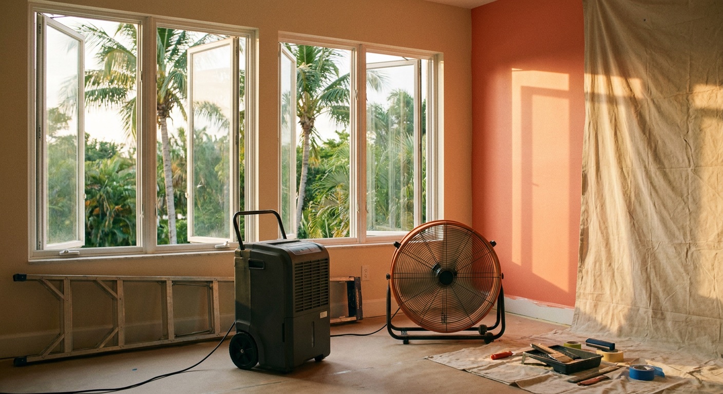 Florida home interior with fans and dehumidifier helping paint dry properly in humid coastal conditions by JPL Painting New Smyrna Beach FL