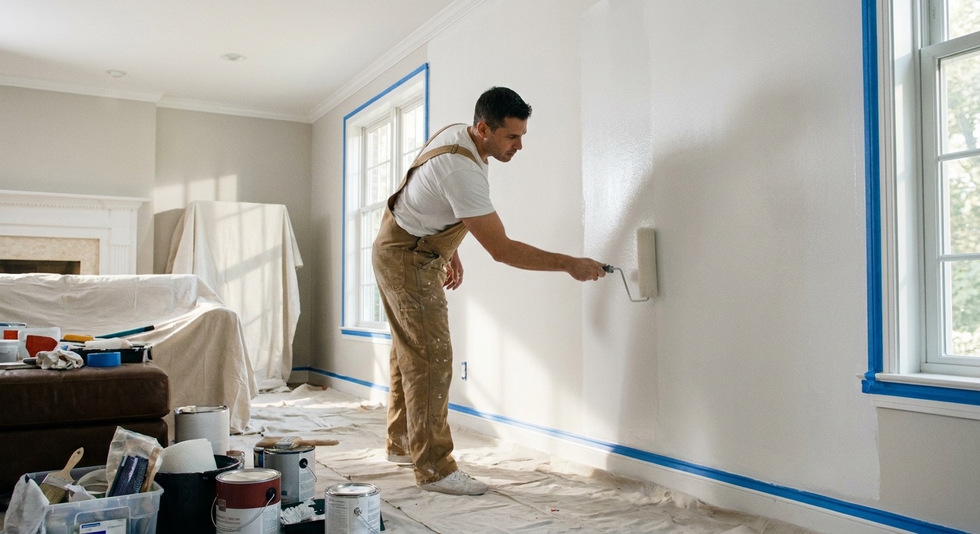 Applying second coat of interior paint after proper drying time by JPL Painting in New Smyrna Beach FL - roller applying even coat over first dried layer