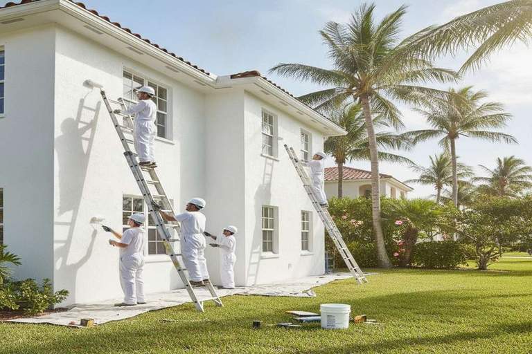 Professional painters painting a Florida home exterior