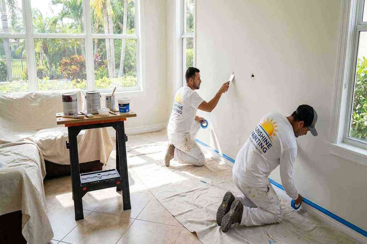 Professional painting contractors preparing interior walls for painting in New Smyrna Beach FL