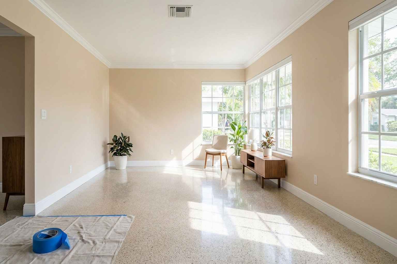 Interior of freshly painted Florida home living room with warm neutral colors