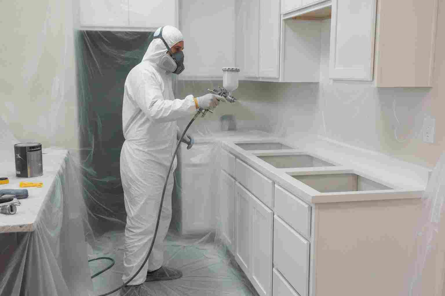 Spray painting kitchen cabinets for a factory finish