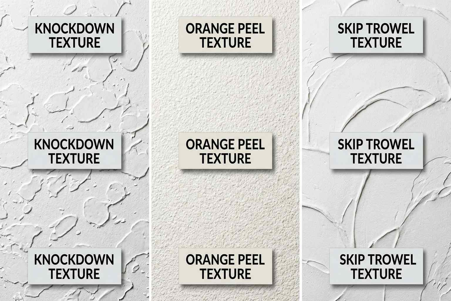 Comparison of different wall texture types: knockdown, orange peel, and skip trowel
