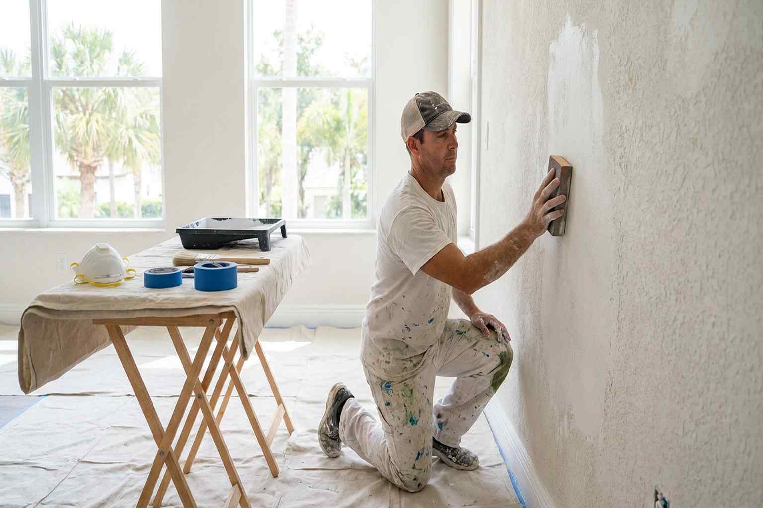 Professional painter preparing a textured wall with sanding sponge and painter's tape