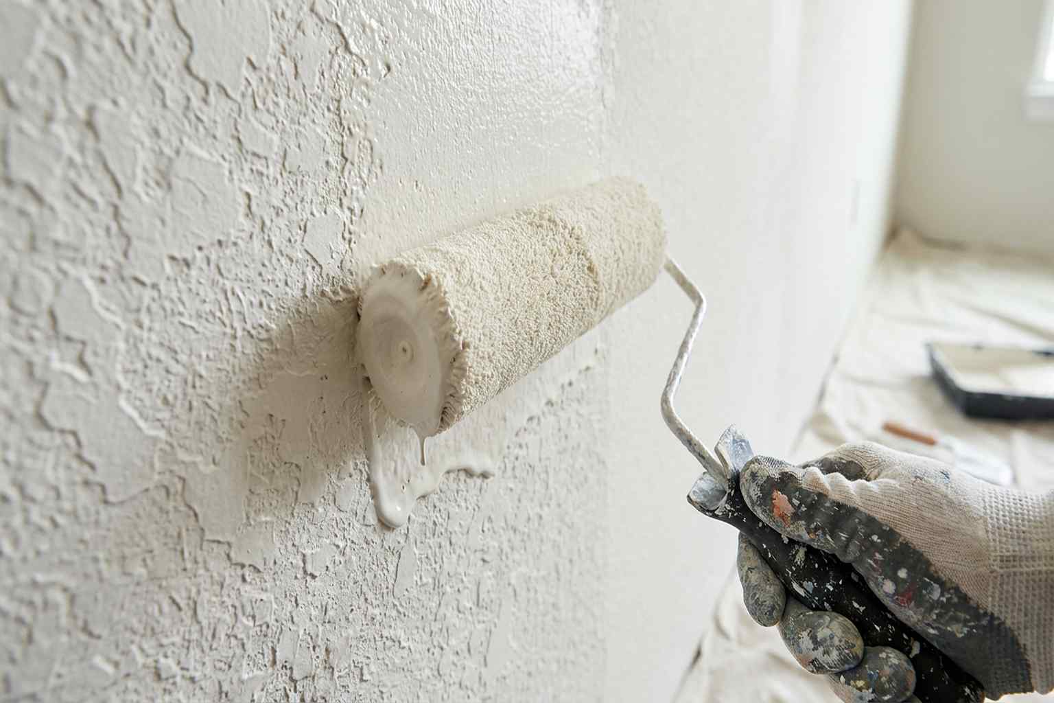 Thick-nap roller applying primer to a textured wall, pushing primer into crevices