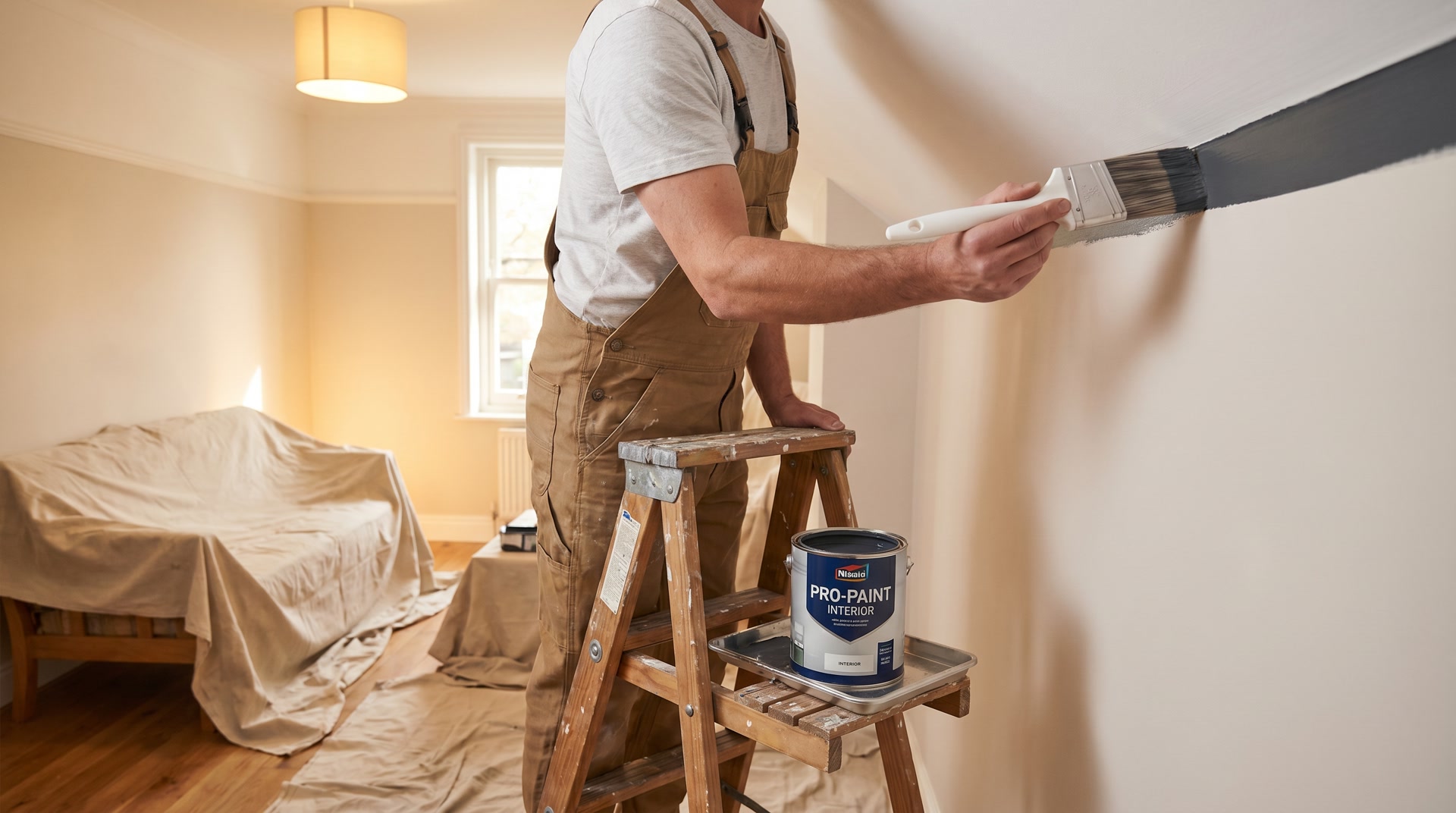 Professional cutting in technique by JPL Painting in New Smyrna Beach FL - painter using angled brush to create clean edge along ceiling line