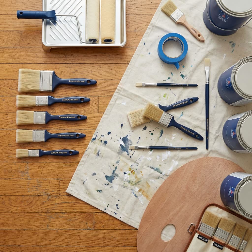 Painting supplies and drop cloth setup by JPL Painting in New Smyrna Beach FL - painter tape, brushes, rollers, and paint cans on protective covering