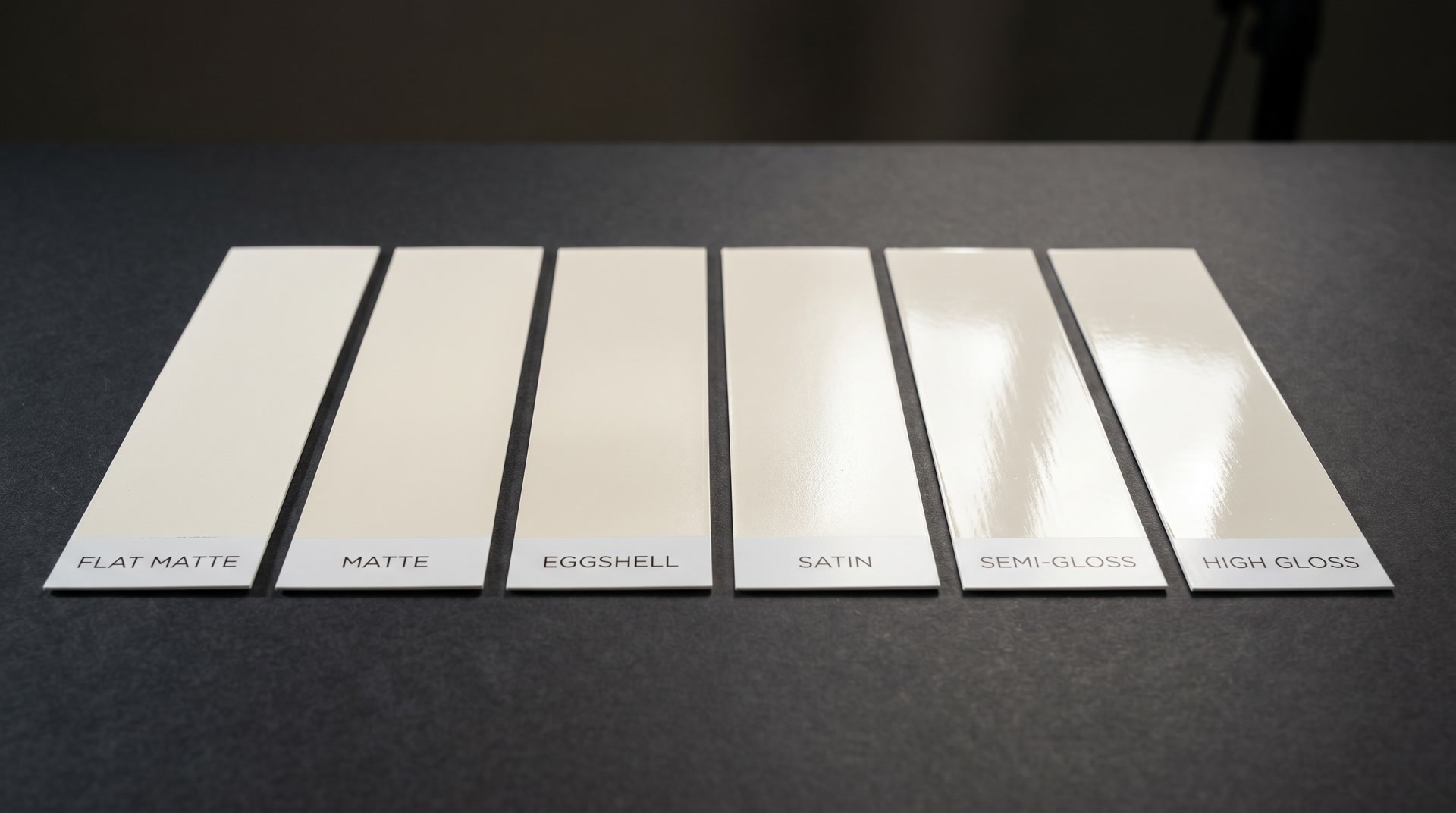 Paint sheen comparison guide by JPL Painting in New Smyrna Beach FL - flat, eggshell, satin, semi-gloss, and high gloss finishes on sample boards