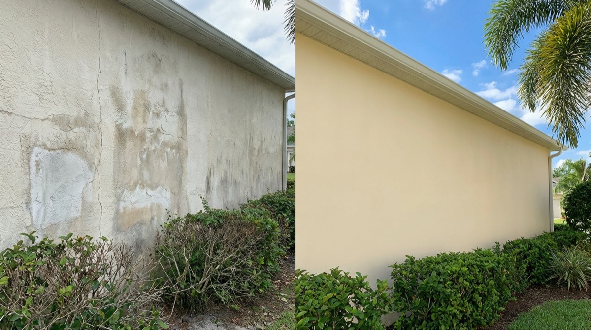 Stucco repair on Edgewater FL home - professional crack remediation and resurfacing - JPL Painting