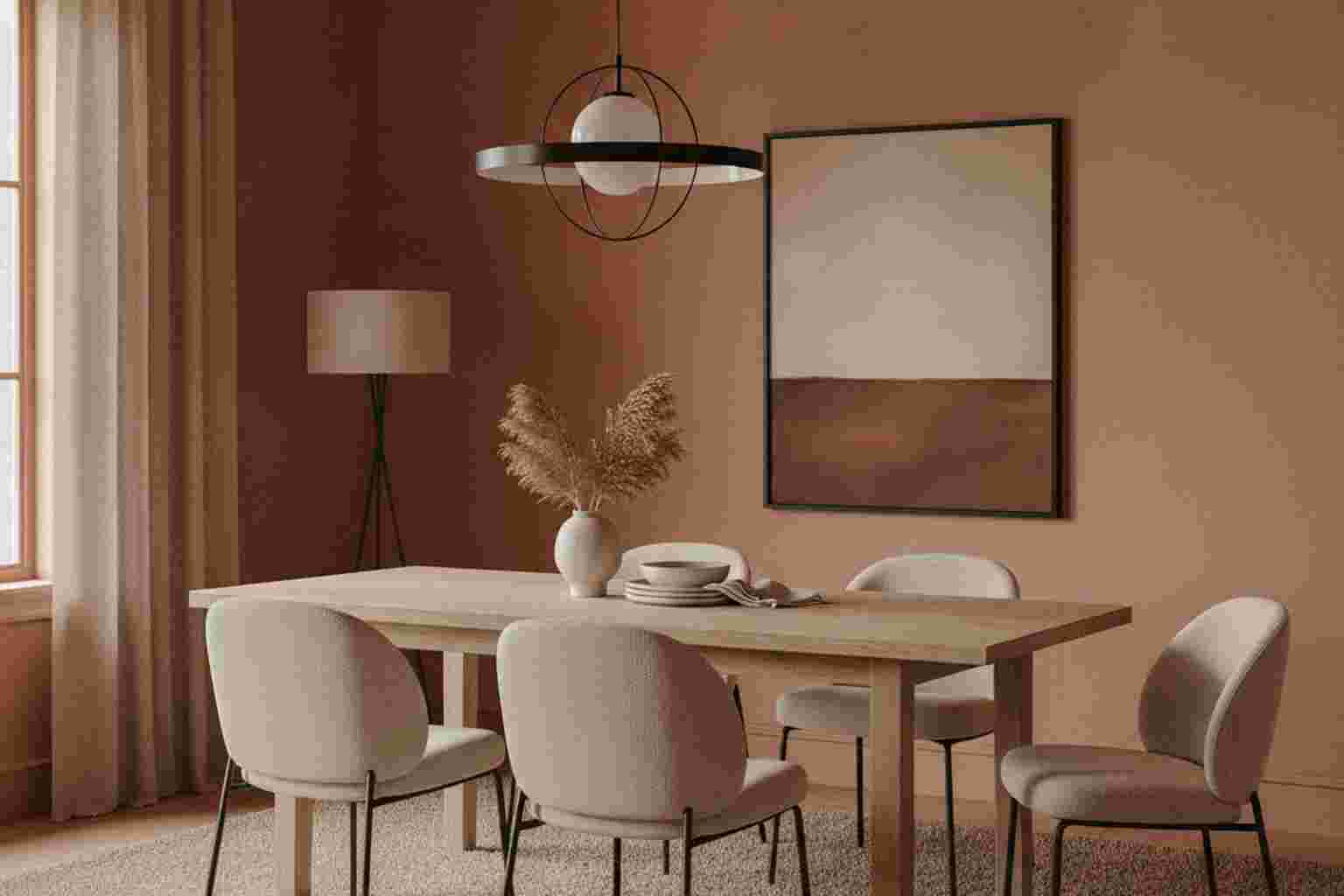 Dining room with color drenching in warm terracotta