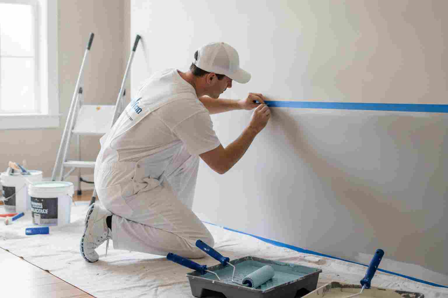 Professional painter applying painter tape for two-tone wall